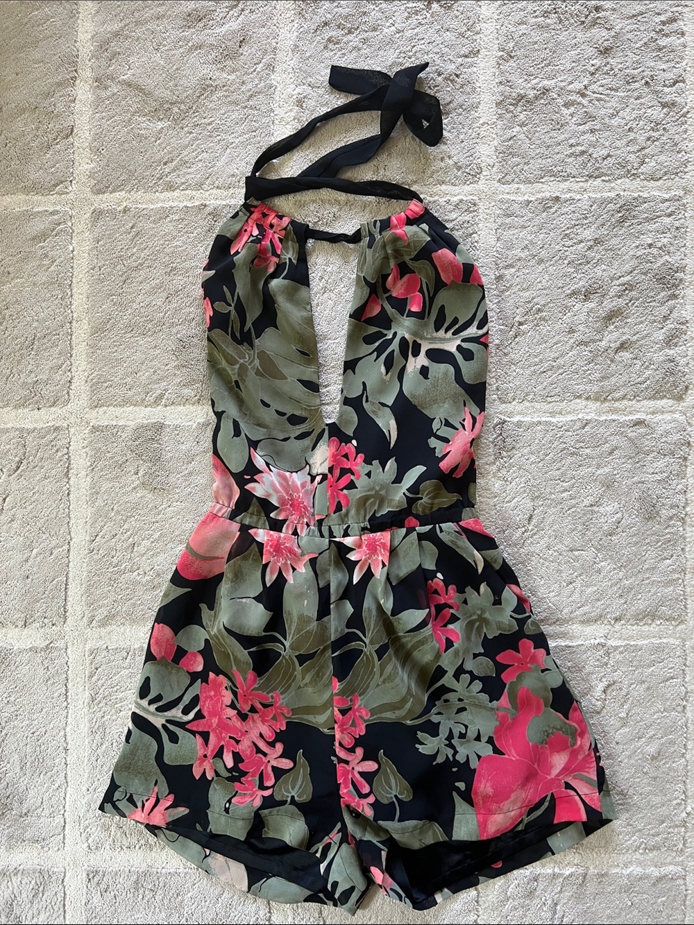bebe Black Floral Halter Romper with Pink & Olive Green Print